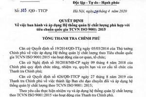 16 quy trình nghiệp vụ thanh tra phù hợp tiêu chuẩn quốc gia TCVN ISO 9001:2015