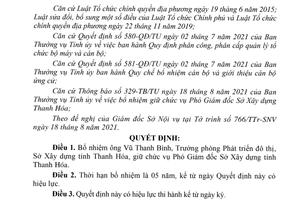 Bổ nhiệm ông Vũ Thanh Bình làm Phó Giám đốc Sở Xây dựng