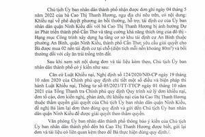 Khiếu nại của bà Cao Thị Thanh Hương thuộc thẩm quyền giải quyết của Chủ tịch UBND quận Ninh Kiều