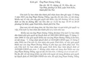 Đề nghị ông Phạm Hoàng Thắng gửi đơn khiếu nại đến Chủ tịch UBND quận Ninh Kiều