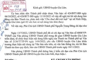 Yêu cầu UBND huyện Gia Lâm trả lời Báo Thanh tra trước ngày 10/11