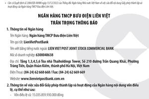 Bố cáo về việc sửa đổi Giấy phép thành lập và hoạt động của LienVietPostBank