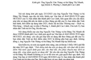 Đồng Tháp: Yêu cầu của ông Thàng và bà Nhanh là không có cơ sở để xem xét, giải quyết