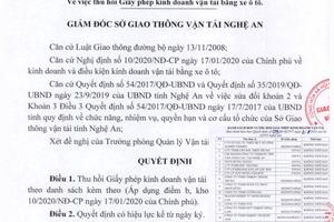 Thu hồi giấy phép kinh doanh bằng xe ôtô của 26 doanh nghiệp vận tải