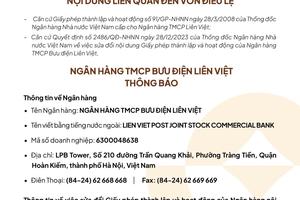 Ngân hàng TMCP Bưu điện Liên Việt thông cáo về sửa đổi giấy phép thành lập và hoạt động