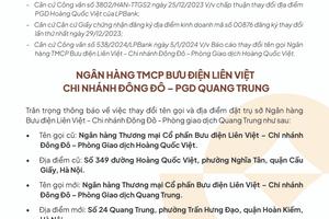 Thay đổi tên gọi và địa điểm đặt trụ sở Ngân hàng Bưu điện Liên Việt CN Đông Đô - PGD Quang Trung