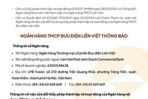 LPBank thông báo sửa đổi giấy phép thành lập và hoạt động của ngân hàng