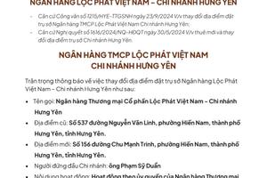 LPBank thông báo thay đổi địa điểm đặt trụ sở Ngân hàng Lộc Phát Việt Nam - Chi nhánh Hưng Yên