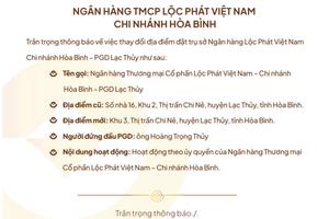 Thông báo về việc thay đổi địa điểm đặt trụ sở Ngân hàng Lộc Phát Việt Nam - Chi nhánh Hòa Bình - PDG Lạc Thủy