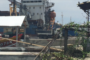 Đang bốc dỡ toàn bộ lô hàng titan trên tàu Dong Shan xuống cảng Kỳ Hà