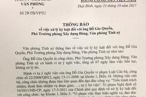 Kỷ luật buộc thôi việc Phó trưởng phòng Văn phòng Tỉnh ủy Thái Bình