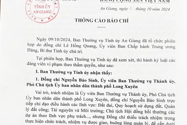 An Giang: Khai trừ ra khỏi Đảng 2 cựu Phó Chủ tịch UBND thành phố Long Xuyên