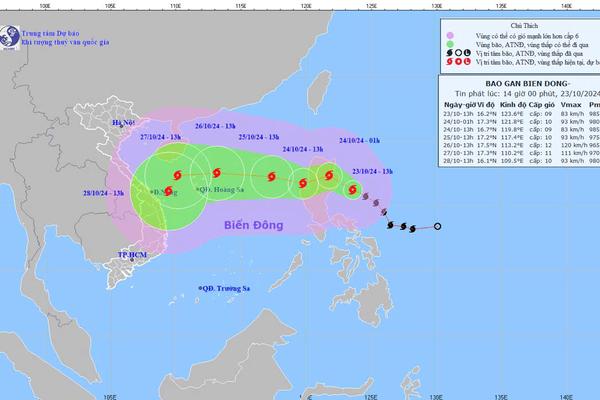 Dự kiến bão Trami sẽ di chuyển vào Biển Đông trưa 24/10