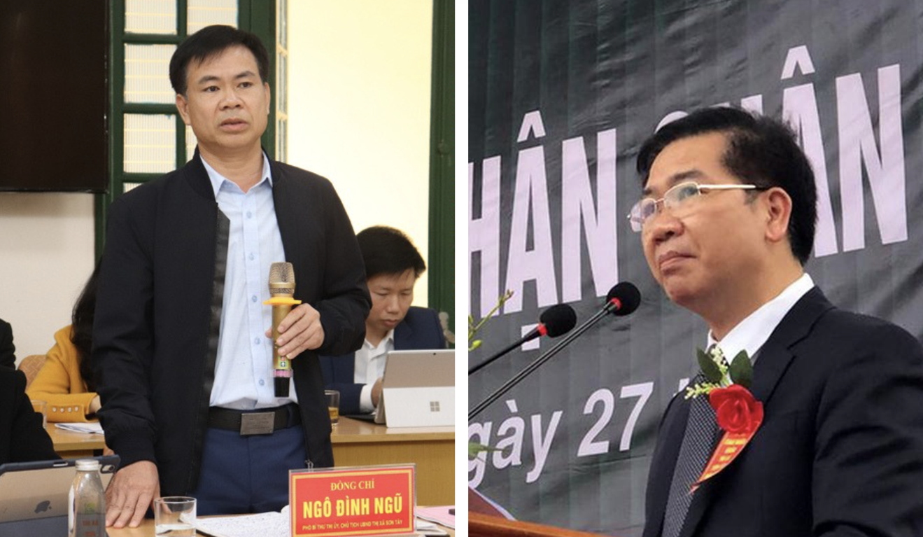 Ông Ngô Đình Ngũ (bên trái ảnh), Chủ tịch UBND thị xã Sơn Tây từ tháng 9/2022 đến nay và ông Nguyễn Huy Khánh, nguyên Chủ tịch UBND thị xã Sơn Tây giai đoạn trước tháng 9/2022. (Ảnh: HL) Ông Ngô Đình Ngũ (bên trái ảnh), Chủ tịch UBND thị xã Sơn Tây từ tháng 9/2022 đến nay và ông Nguyễn Huy Khánh, nguyên Chủ tịch UBND thị xã Sơn Tây giai đoạn trước tháng 9/2022. (Ảnh: HL)