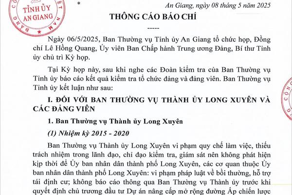 An Giang xem xét kỷ luật nhiều tổ chức Đảng và cá nhân