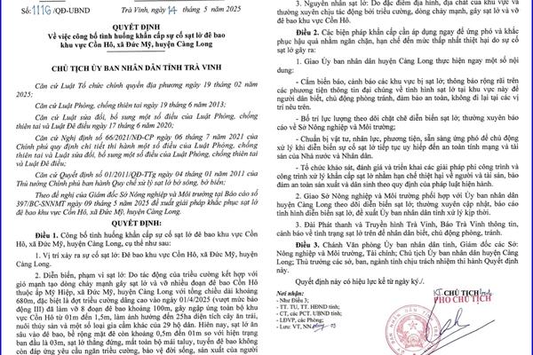 Trà Vinh: Sạt lở đê bao, Chủ tịch UBND tỉnh công bố tình huống khẩn cấp