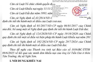 Ông Lê Tiến Oai khiếu nại được bồi thường 2.421,6m2 đất nông nghiệp là có cơ sở