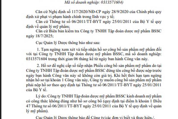 Ngừng tiếp nhận hồ sơ công bố sản phẩm mỹ phẩm của Tập đoàn Dược mỹ phẩm BSSC