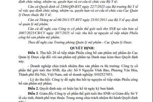 Bộ Y tế thu hồi 20 phiếu công bố tiếp nhận sản phẩm mỹ phẩm của Công ty SNB