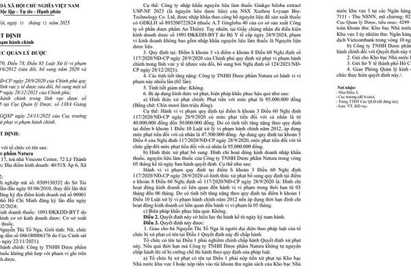 Dược phẩm Natura bị phạt 95 triệu đồng, đình chỉ nhập khẩu thuốc 5 tháng