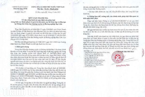 Cà Mau: Phát hiện nhiều hạn chế, khuyết điểm tại Trung tâm Giáo dục thường xuyên và Hướng nghiệp Bạc Liêu