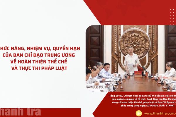 Chức năng, nhiệm vụ, quyền hạn của Ban Chỉ đạo Trung ương về hoàn thiện thể chế và thực thi pháp luật