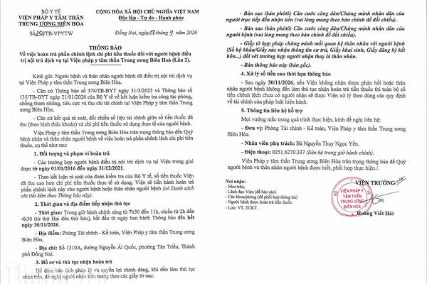 Viện Pháp y tâm thần Trung ương Biên Hòa hoàn trả chênh lệch tiền thuốc cho gần 1.300 người bệnh