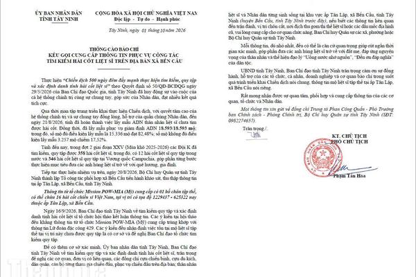 Tây Ninh: Kêu gọi cung cấp thông tin phục vụ tìm kiếm hài cốt liệt sĩ tại xã Bến Cầu